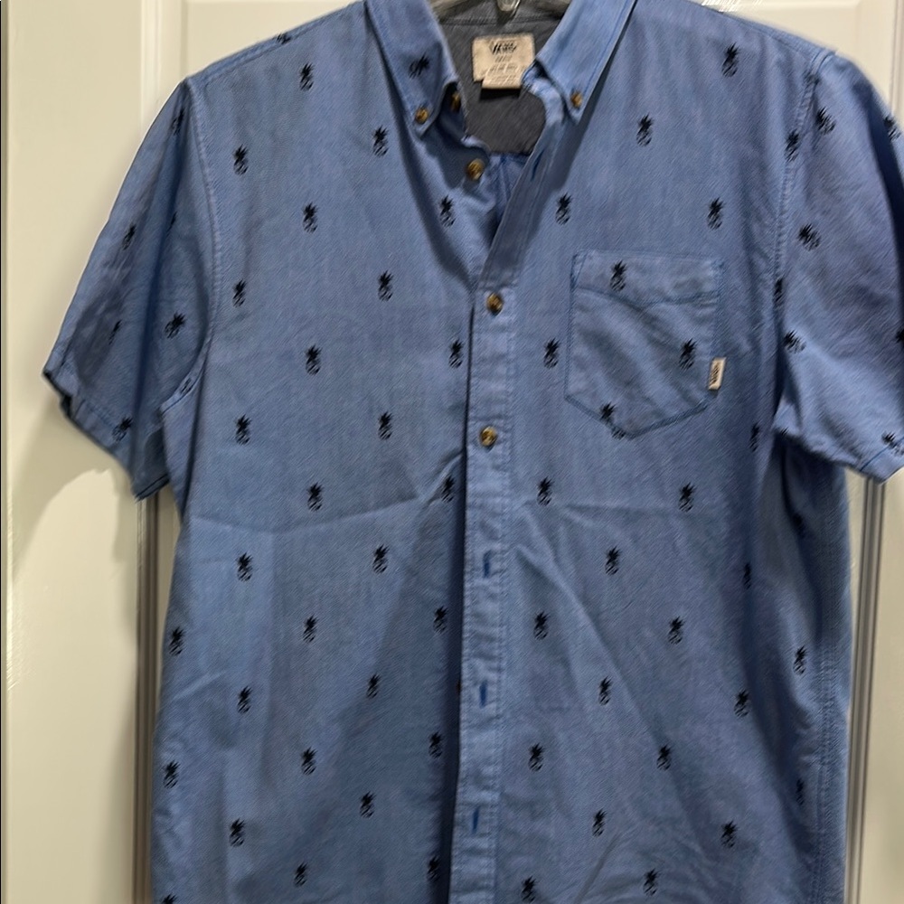 Vans Blue Casual Button Down Shirt with Tropical Pattern